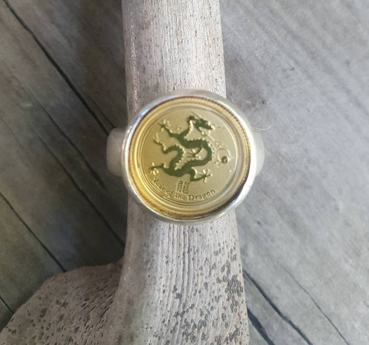 Coin ring,1/20 onze gold coin 2012 year of the dragon,Perth mint,sterling silver ring,boho,handmade, retro ring,modern,