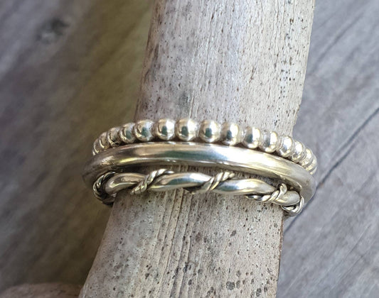 stacker rings,3 x piece set,2mm bands,ball patterened,plain band, twisted wire and vintage scroll,woven silver ring