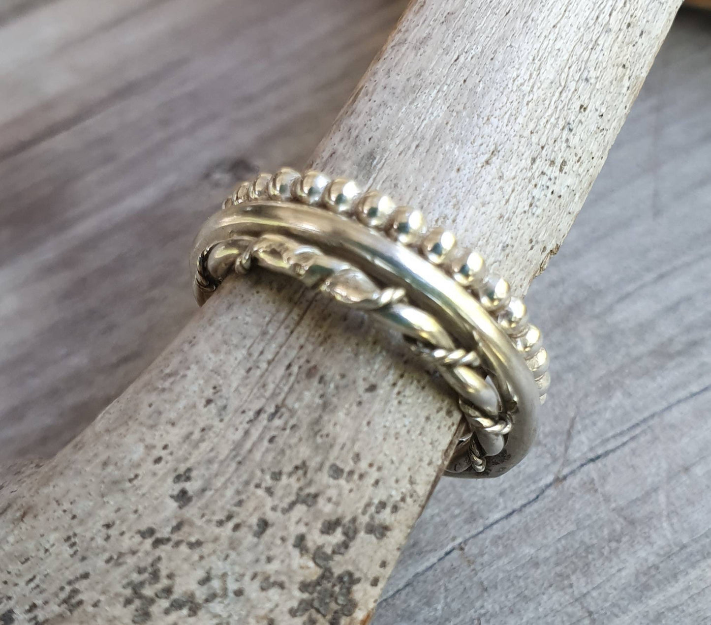 stacker rings,3 x piece set,2mm bands,ball patterened,plain band, twisted wire and vintage scroll,woven silver ring