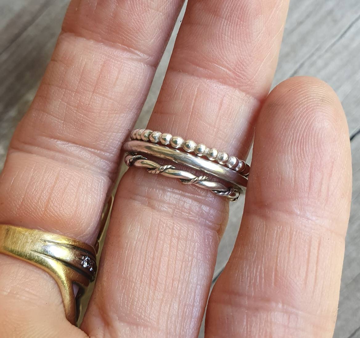 stacker rings,3 x piece set,2mm bands,ball patterened,plain band, twisted wire and vintage scroll,woven silver ring