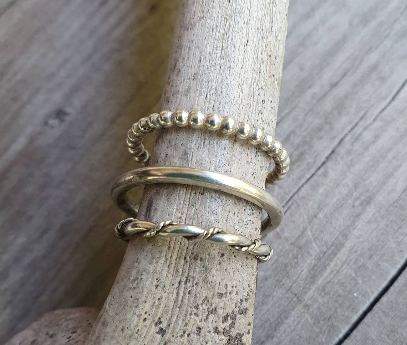 stacker rings,3 x piece set,2mm bands,ball patterened,plain band, twisted wire and vintage scroll,woven silver ring