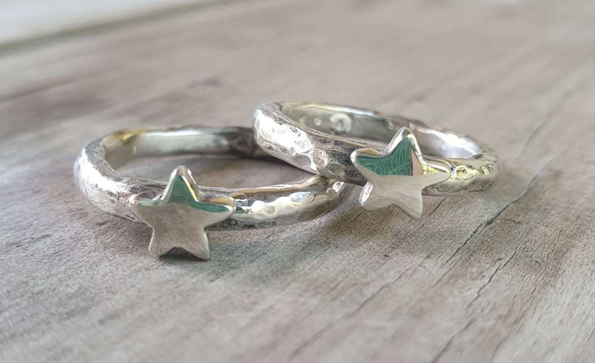 Star ring,hammered sterling silver,2 x stacker rings,chunky beaten band,handmade,boho,goddess,round wedding band,thick silver ring,