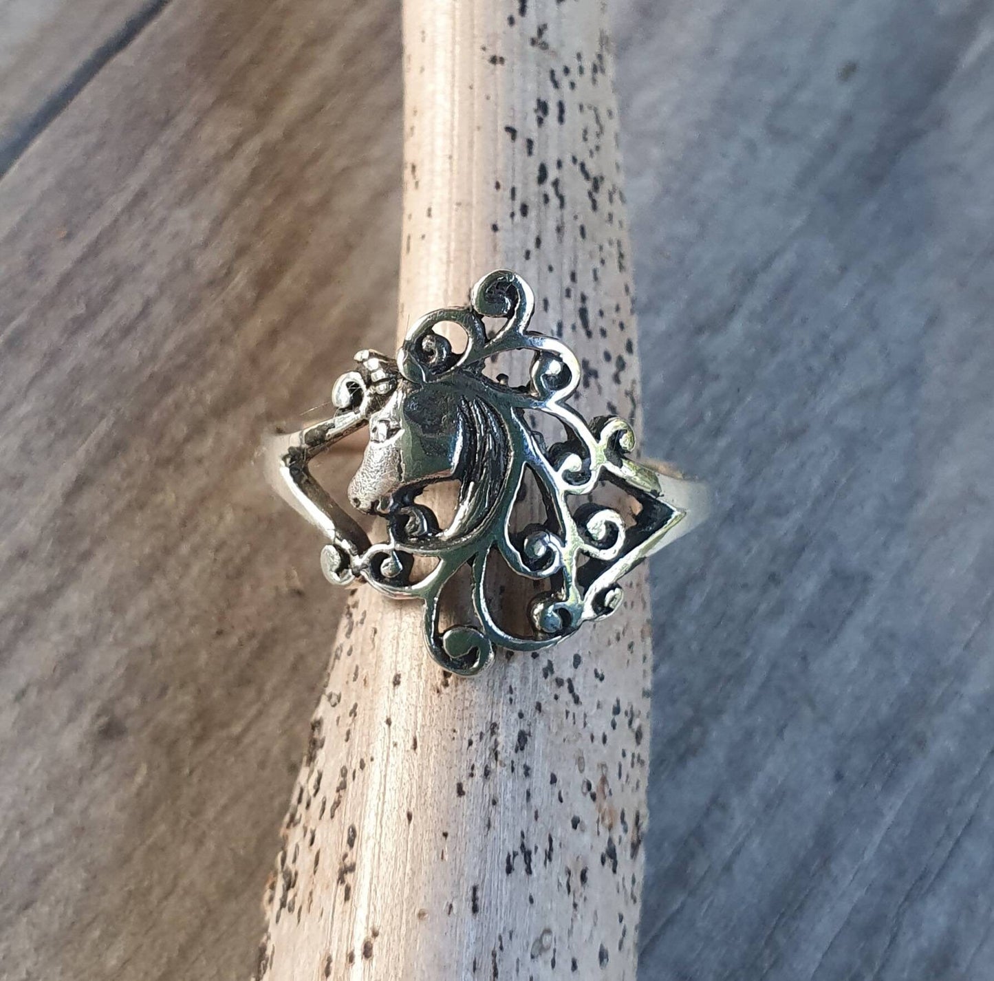 Unicorn ring,sterling silver,Scrolly haired,mythical horse,fantasy ring,new age, boho,hippy,art nouveau,magic,woodland,fairy tale