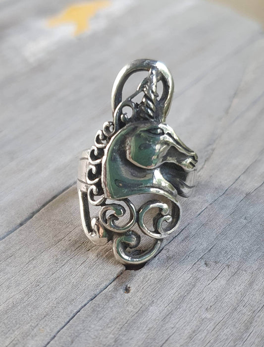 Unicorn ring,sterling silver,long ring,Scrolly haired,mythical horse,fantasy ring,new age, boho,hippy,art nouveau,magic,woodland,fairy tale