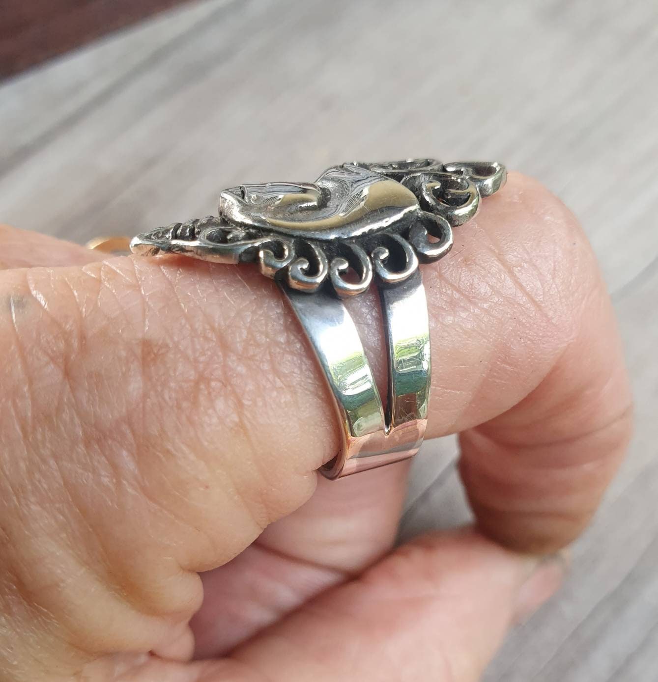 Unicorn ring,sterling silver,long ring,carousel,scrolly haired,mythical horse,fantasy,new age, boho,art nouveau,magic,woodland,fairy tale,