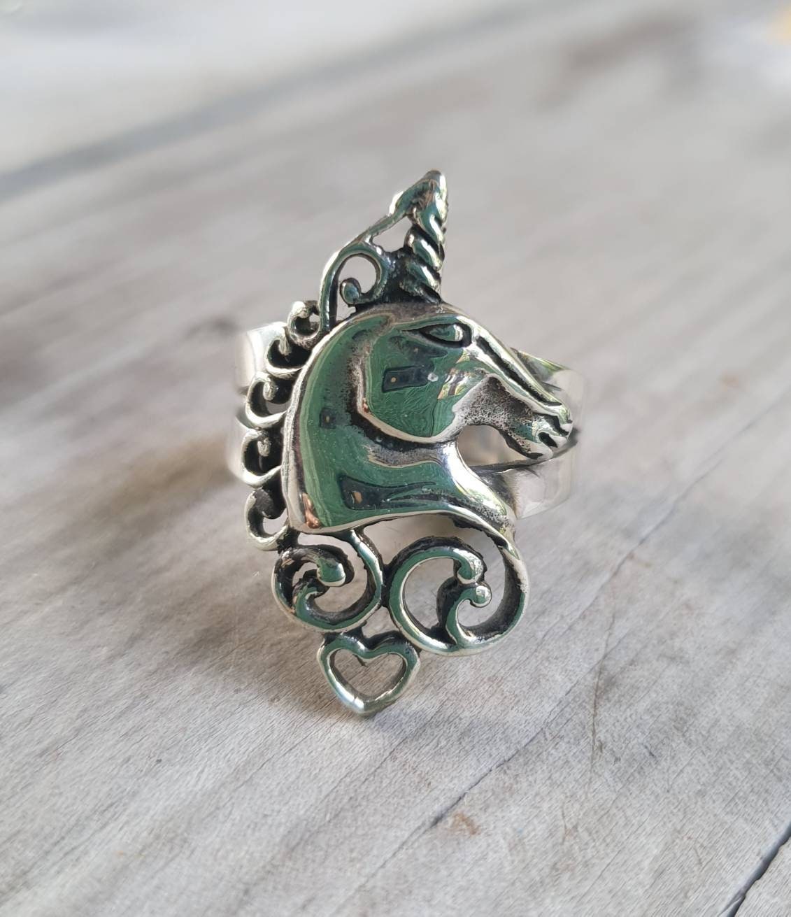 Unicorn ring,sterling silver,long ring,carousel,scrolly haired,mythical horse,fantasy,new age, boho,art nouveau,magic,woodland,fairy tale,