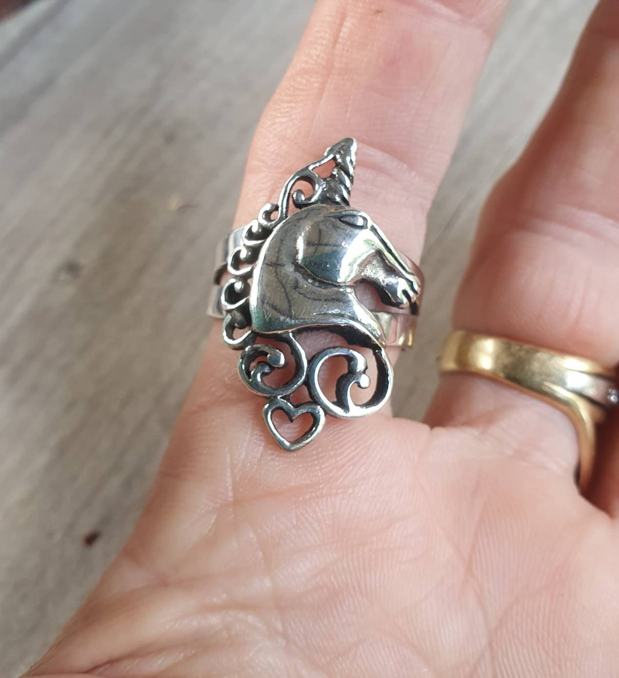 Unicorn ring,sterling silver,long ring,carousel,scrolly haired,mythical horse,fantasy,new age, boho,art nouveau,magic,woodland,fairy tale,