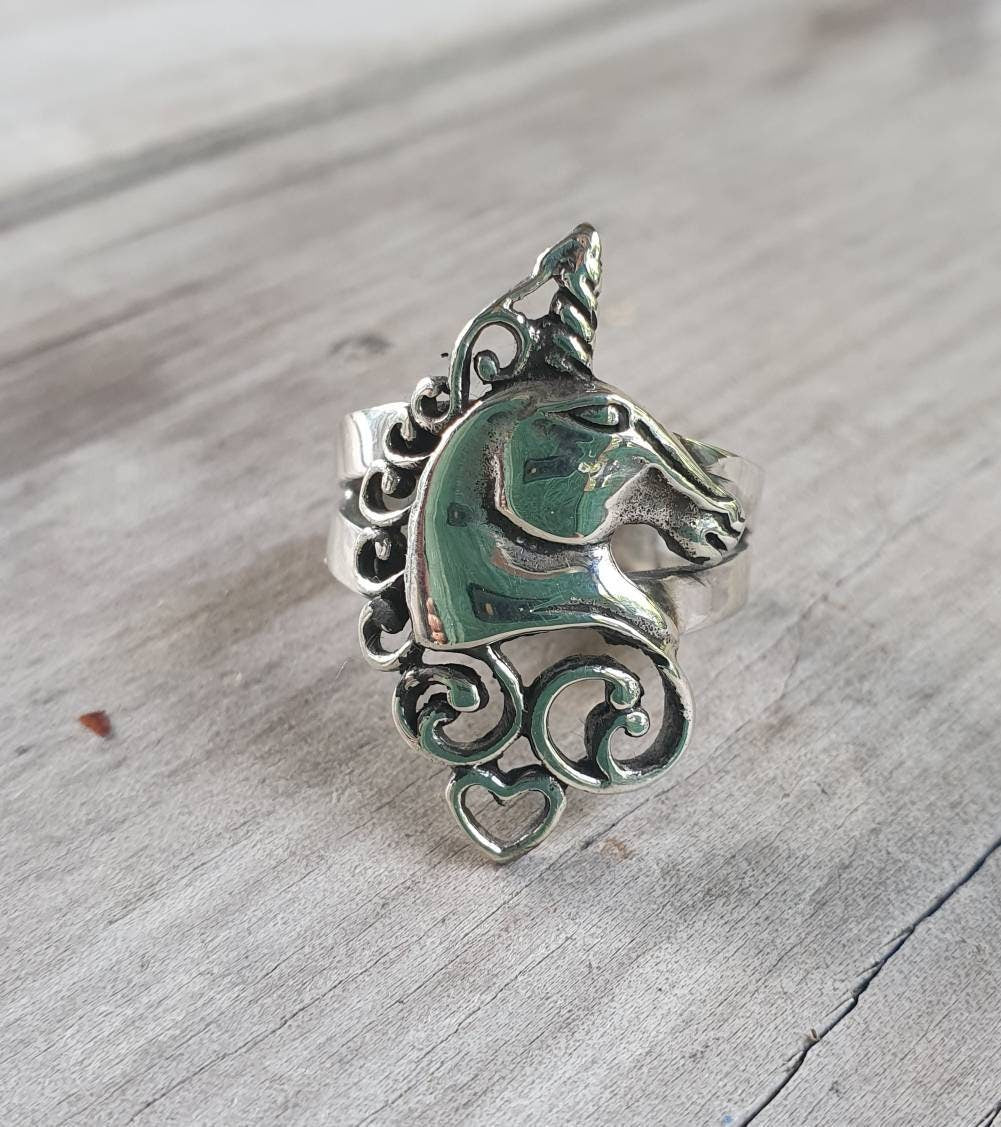 Unicorn ring,sterling silver,long ring,carousel,scrolly haired,mythical horse,fantasy,new age, boho,art nouveau,magic,woodland,fairy tale,