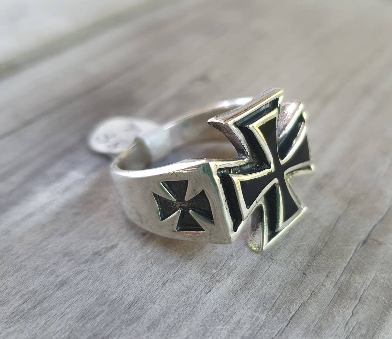 Solid cross ring,sterling silver,black enameled,size 12.5 cross,chopper, even cross,solid back ring ,gothic, Celtic cross,knights templar