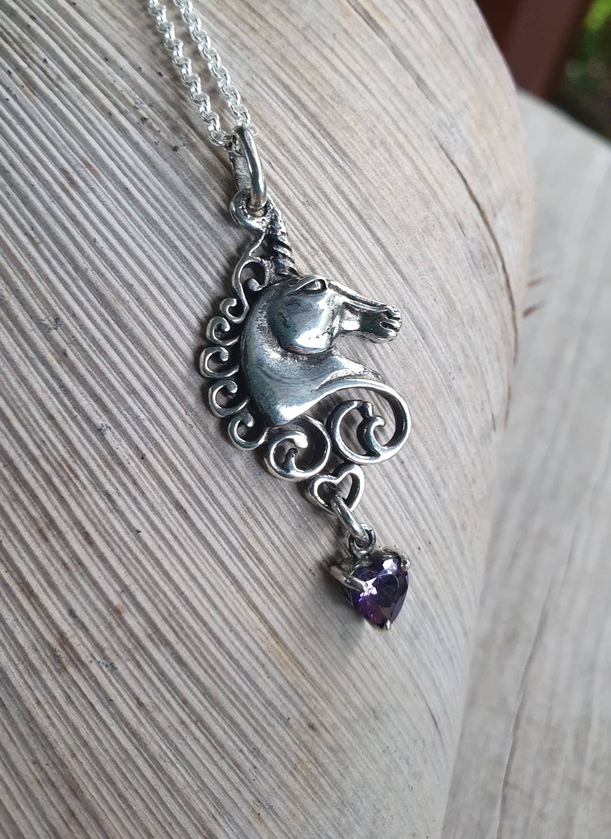 Unicorn pendant,sterling silver,cz heart drop,carousel,mythical horse,fantasy,new age, boho,magic,woodland,fairy tale,