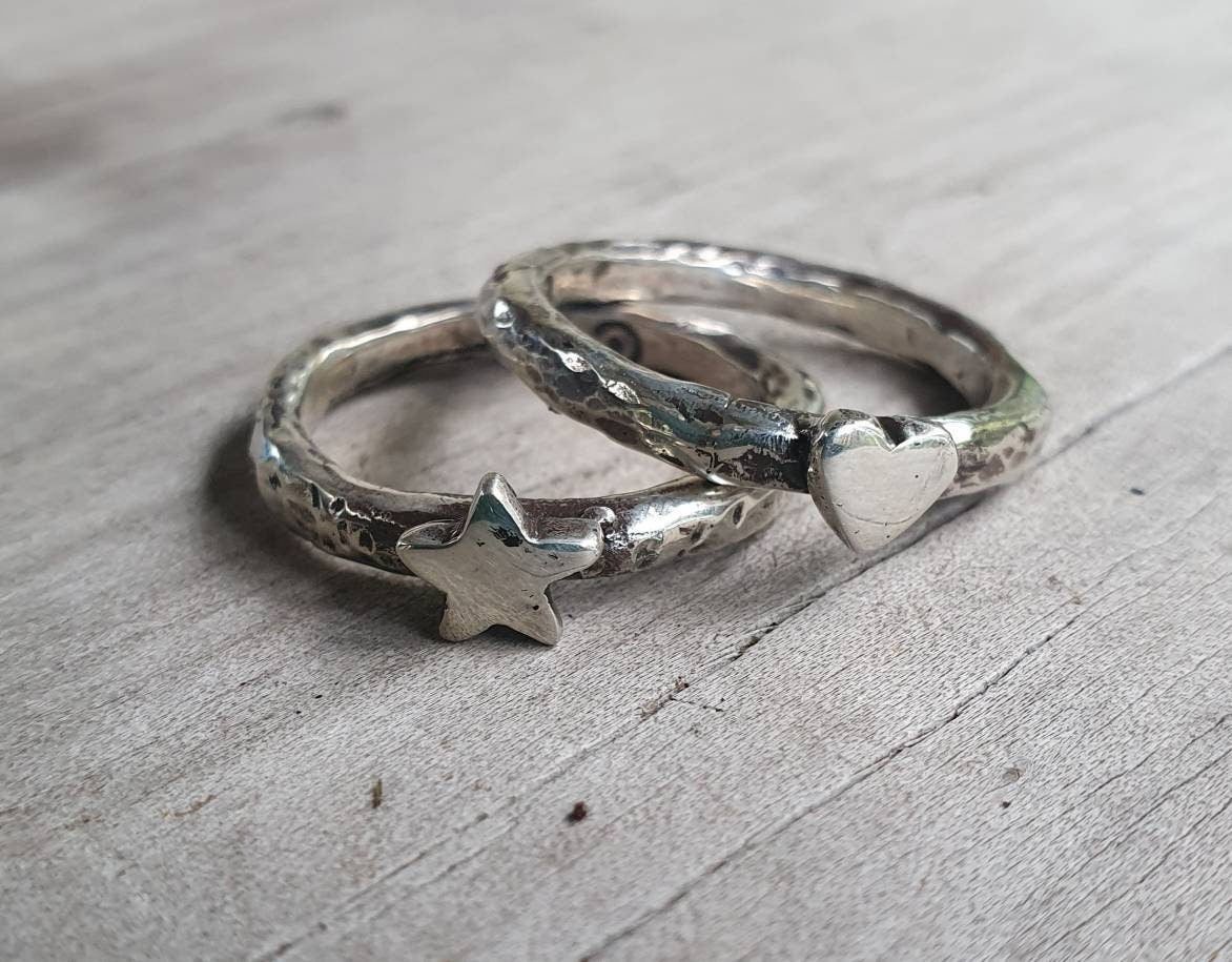 Star ring,heart,hammered sterling silver,2 x stacker rings,chunky beaten band,handmade,boho,goddess,round wedding band,thick silver ring,