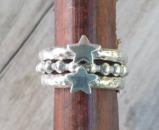 Star ring,hammered sterling silver,stacker,chunky beaten band,handmade,boho,goddess,round wedding band,thick silver ring,