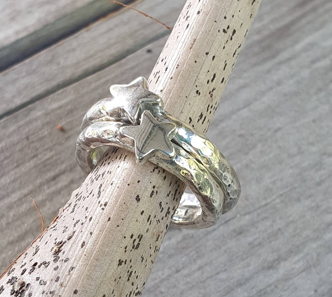 Star ring,heart,hammered sterling silver,2 x stacker rings,chunky beaten band,handmade,boho,goddess,round wedding band,thick silver ring,