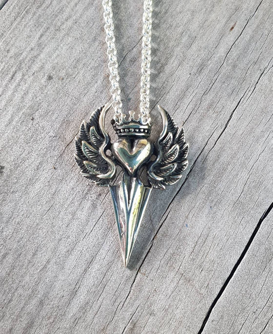 sword pendant,sterling silver,heart,winged,crown pendant,dagger