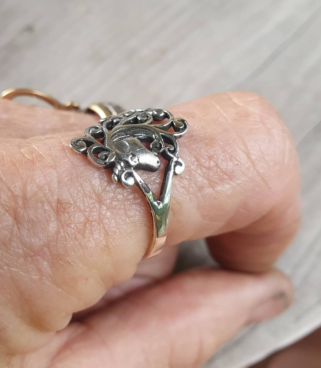 Unicorn ring,sterling silver,Scrolly haired,mythical horse,fantasy ring,new age, boho,hippy,art nouveau,magic,woodland,fairy tale