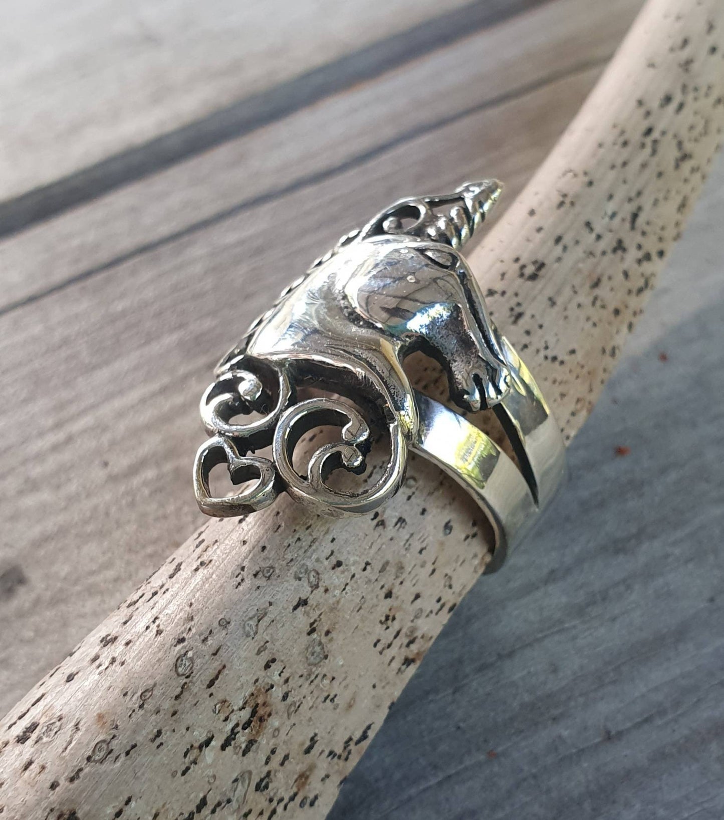 Unicorn ring,sterling silver,long ring,carousel,scrolly haired,mythical horse,fantasy,new age, boho,art nouveau,magic,woodland,fairy tale,