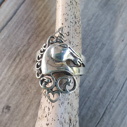 Unicorn ring,sterling silver,long ring,carousel,scrolly haired,mythical horse,fantasy,new age, boho,art nouveau,magic,woodland,fairy tale,