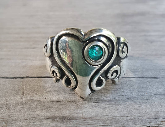 heart ring,chunky,Sterling silver,large long ring,cubic zirconia,vintage steampunk,signet,art nouveau,handmade,boho,hipster,goddess,scroll,