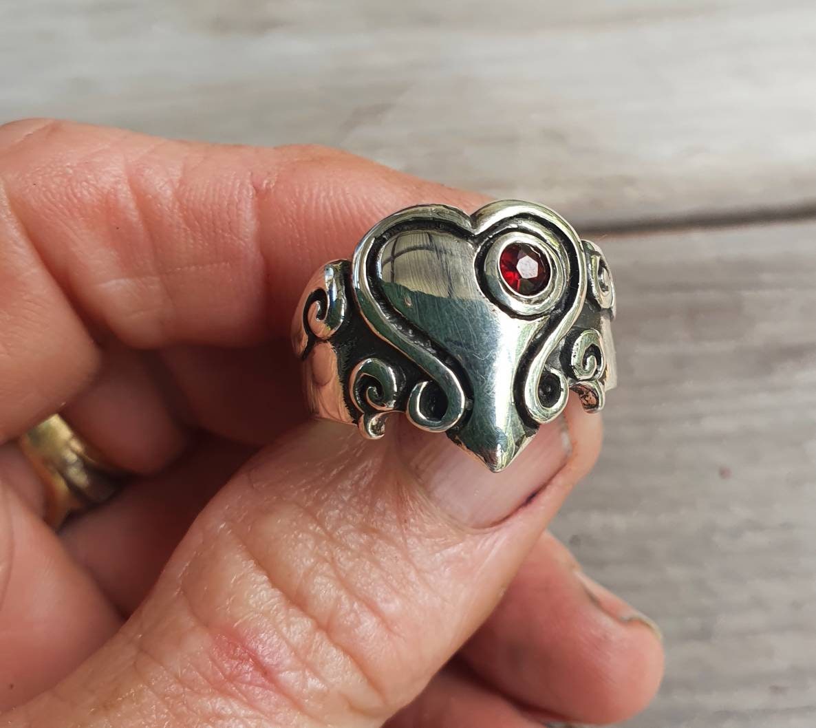 heart garnet ring,chunky,Sterling silver,large long ring,cubic zirconia,vintage steampunk,signet,lolitta handmade,boho,goddess,scroll,