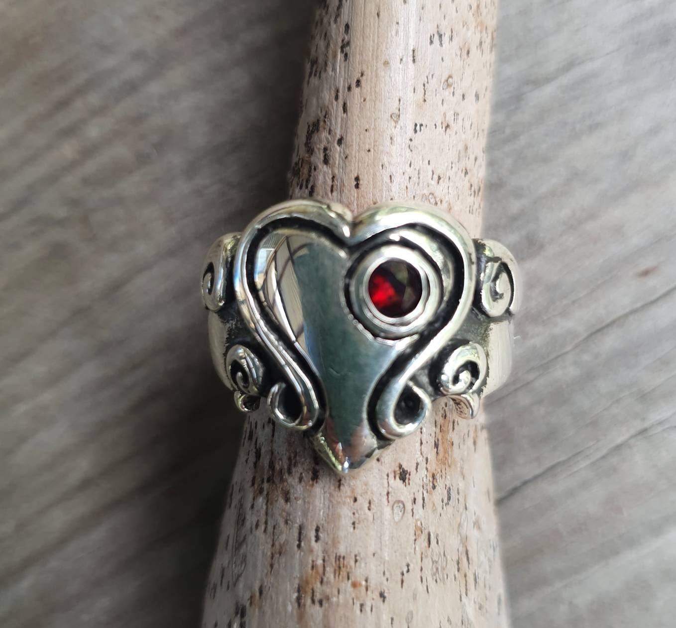 heart garnet ring,chunky,Sterling silver,large long ring,cubic zirconia,vintage steampunk,signet,lolitta handmade,boho,goddess,scroll,