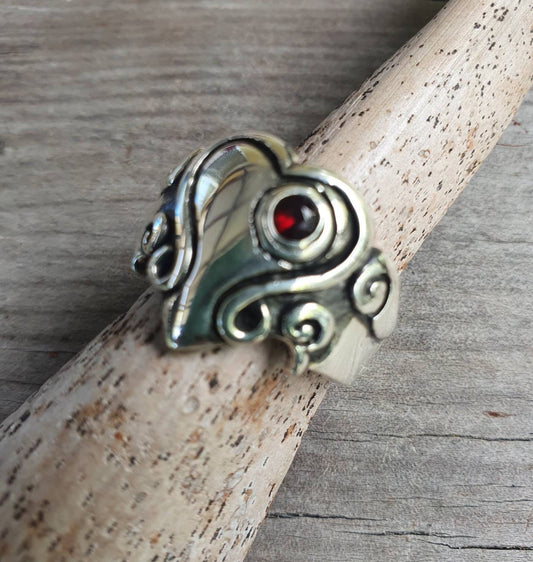 heart garnet ring,chunky,Sterling silver,large long ring,cubic zirconia,vintage steampunk,signet,lolitta handmade,boho,goddess,scroll,