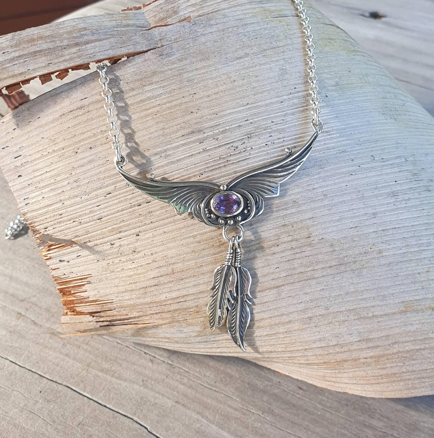 Amethyst necklace, sterling silver,feather pendant,hansmade,necklace rockabilly steampunk gothic boho gypsy