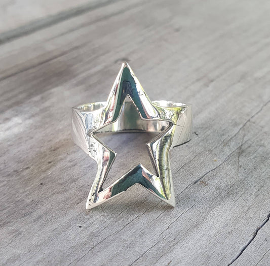 star ring,large,Sterling silver,flat,five pointed star,unisex,boho,hipster,bespoke,