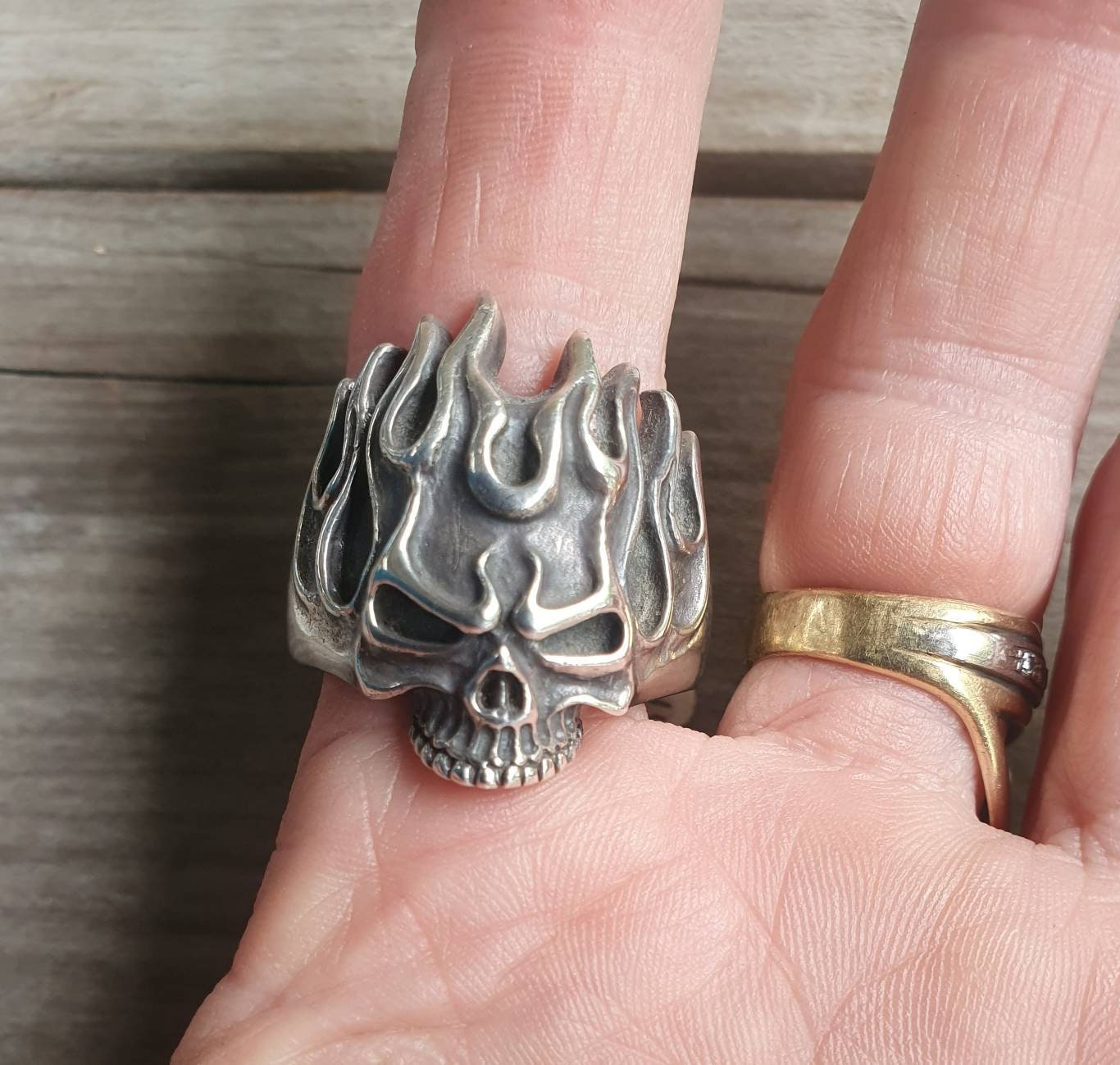 Skull ring,sterling silver,flames,ed roth,steampunk, gothic, punk, sterling silver,hand made,flat skull,