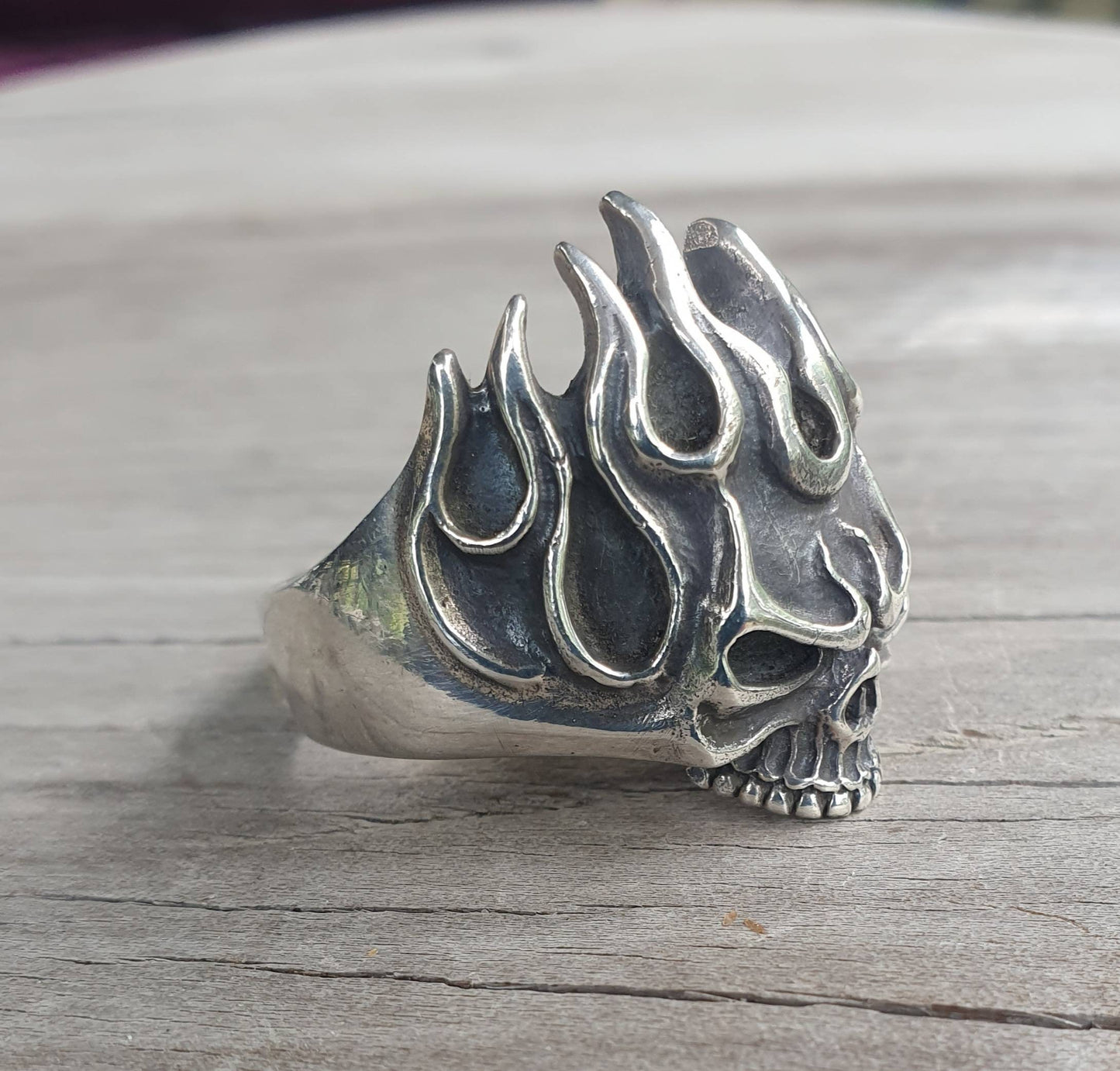 Skull ring,sterling silver,flames,ed roth,steampunk, gothic, punk, sterling silver,hand made,flat skull,