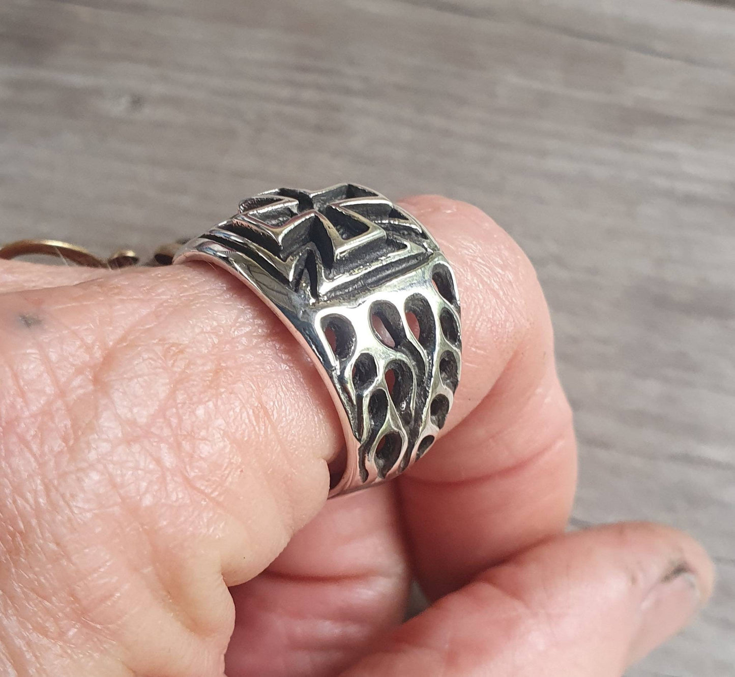 Flame cross ring, sterling silver,,ed roth flames, even sided cross,steampunk,cross,gothic,punk,men's fashion,Celtic cross,knights templar