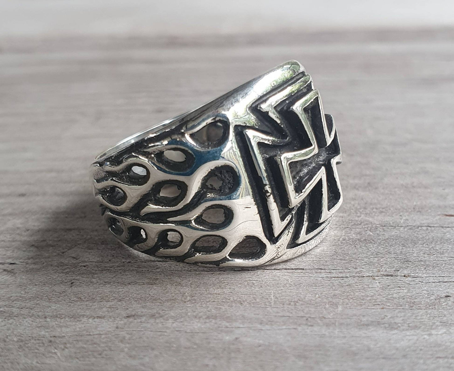 Flame cross ring, sterling silver,,ed roth flames, even sided cross,steampunk,cross,gothic,punk,men's fashion,Celtic cross,knights templar