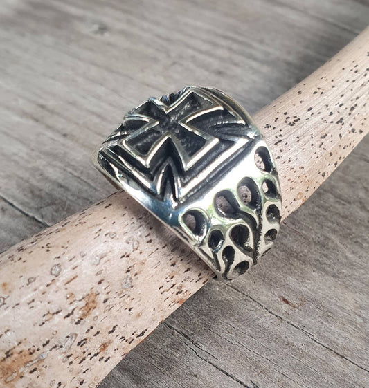 Flame cross ring, sterling silver,,ed roth flames, even sided cross,steampunk,cross,gothic,punk,men's fashion,Celtic cross,knights templar