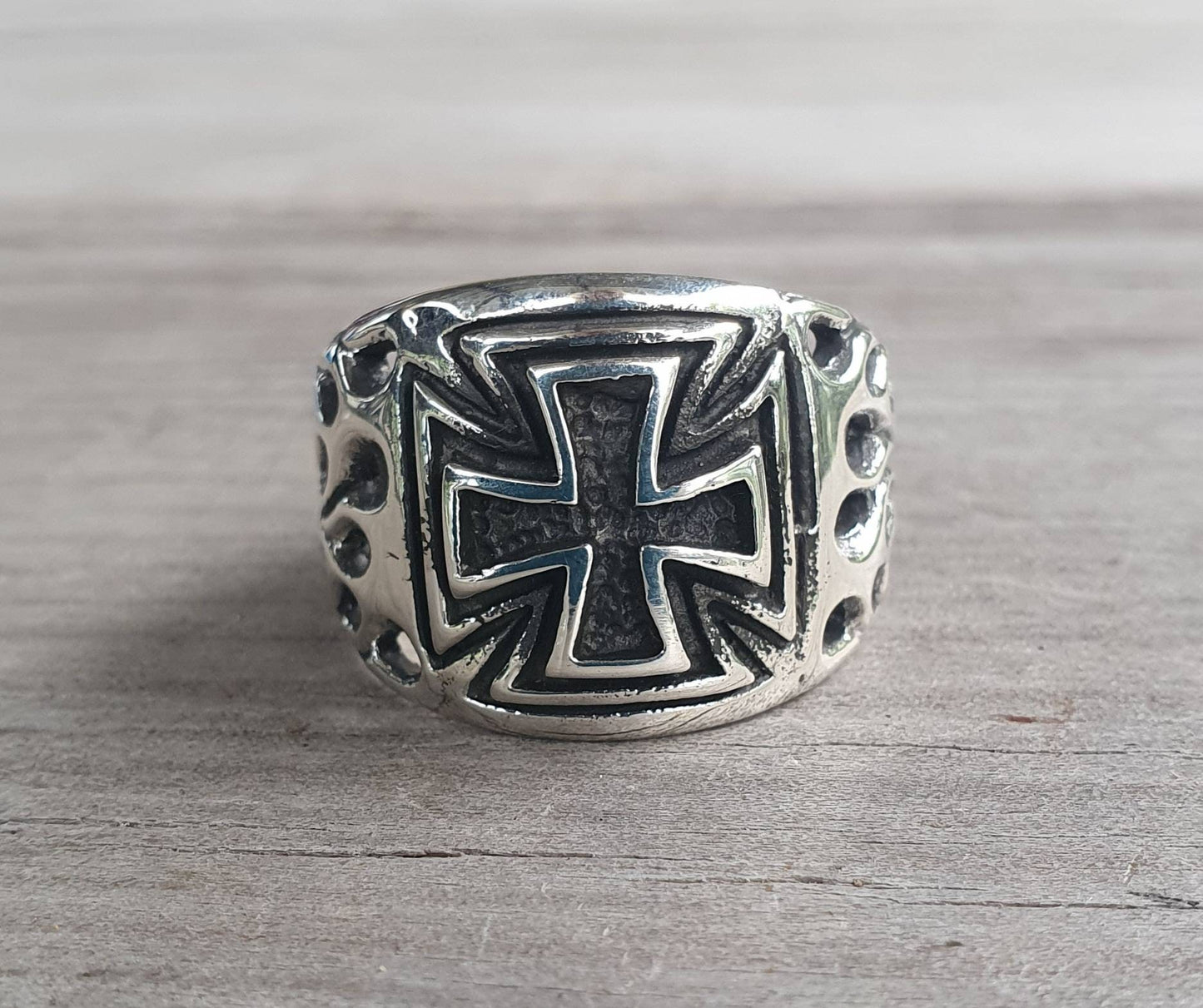 Flame cross ring, sterling silver,,ed roth flames, even sided cross,steampunk,cross,gothic,punk,men's fashion,Celtic cross,knights templar