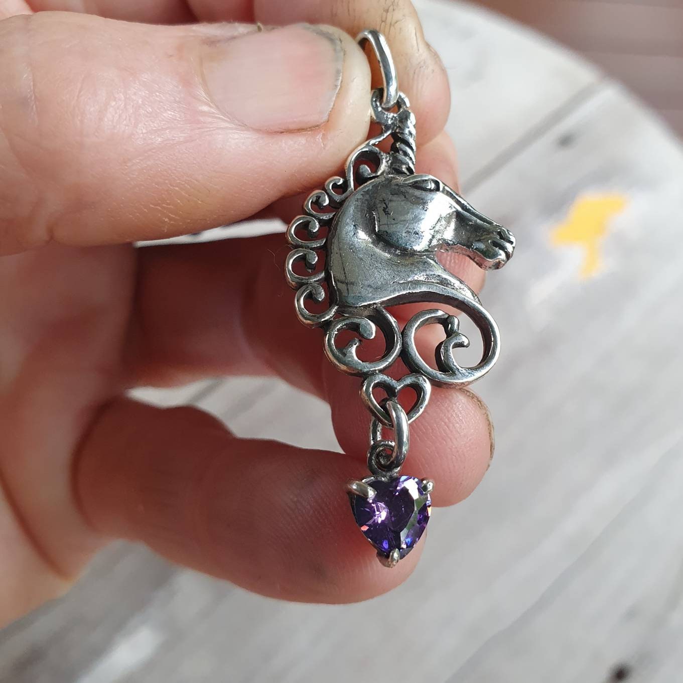 Unicorn pendant,sterling silver,cz heart drop,carousel,mythical horse,fantasy,new age, boho,magic,woodland,fairy tale,