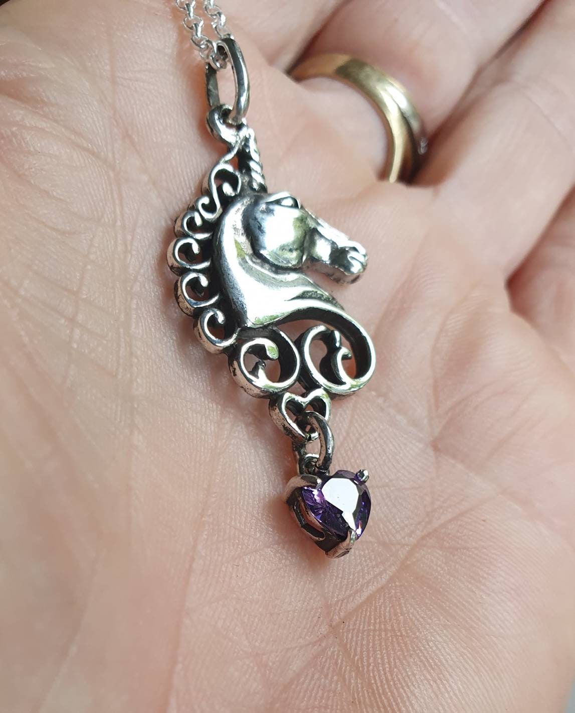 Unicorn pendant,sterling silver,cz heart drop,carousel,mythical horse,fantasy,new age, boho,magic,woodland,fairy tale,