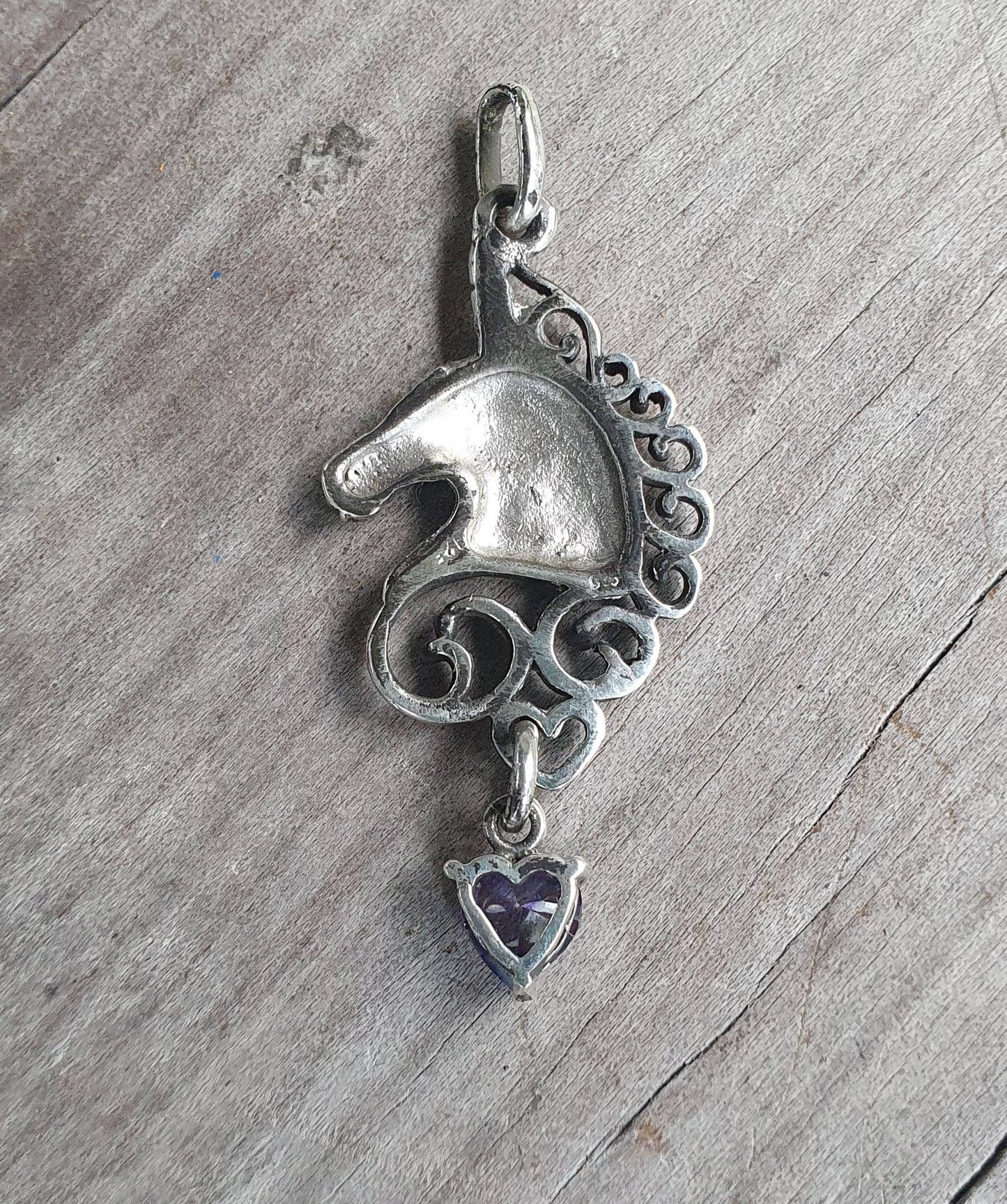 Unicorn pendant,sterling silver,cz heart drop,carousel,mythical horse,fantasy,new age, boho,magic,woodland,fairy tale,