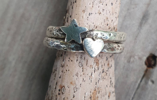 Star ring,heart,hammered sterling silver,2 x stacker rings,chunky beaten band,handmade,boho,goddess,round wedding band,thick silver ring,