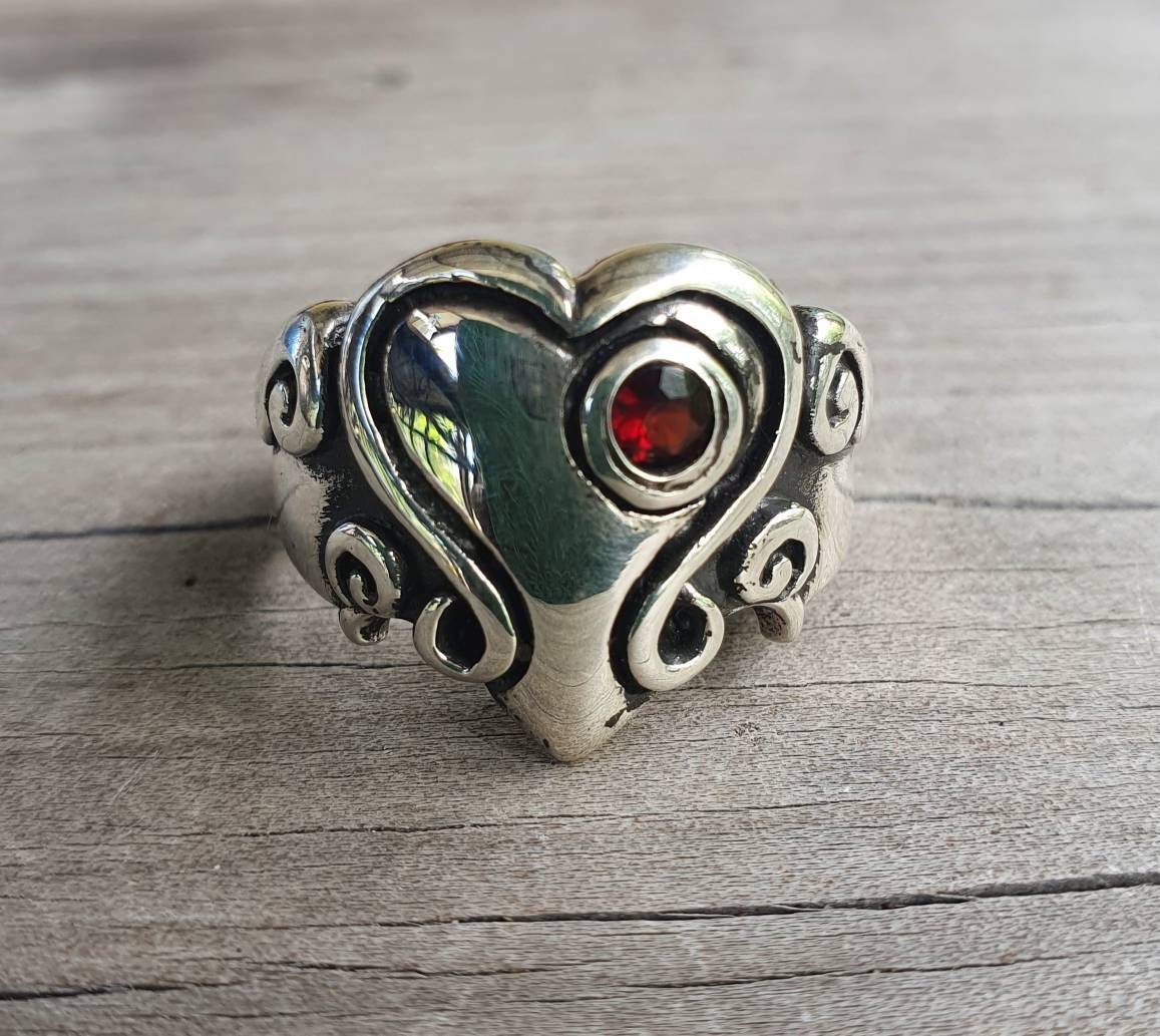 heart garnet ring,chunky,Sterling silver,large long ring,cubic zirconia,vintage steampunk,signet,lolitta handmade,boho,goddess,scroll,