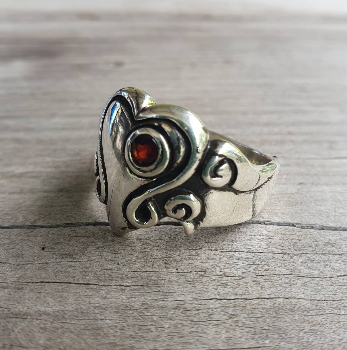 heart garnet ring,chunky,Sterling silver,large long ring,cubic zirconia,vintage steampunk,signet,lolitta handmade,boho,goddess,scroll,