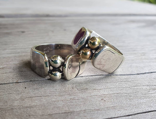 Two tone ring,9k gold ball ring,sterling silver,ball ring,silver and gold wedding ring,boho,chic,handmade,retro,steampunk,designer,bespoke