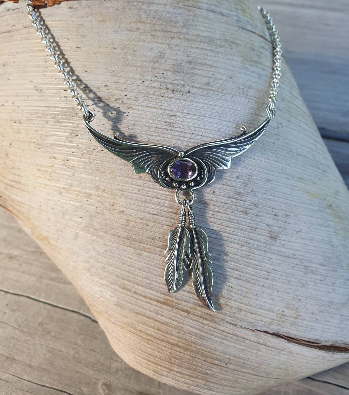 Amethyst necklace, sterling silver,feather pendant,hansmade,necklace rockabilly steampunk gothic boho gypsy