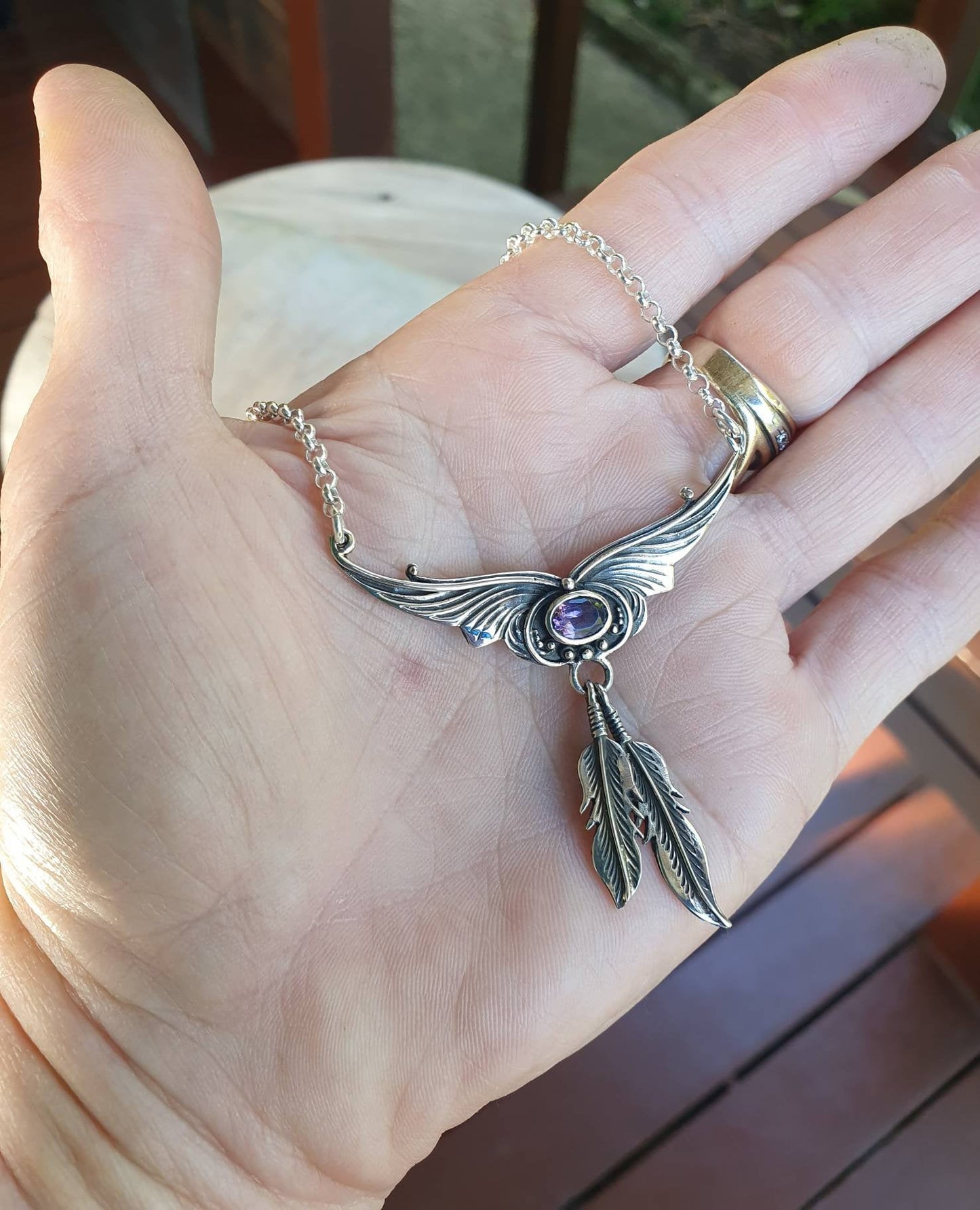 Amethyst necklace, sterling silver,feather pendant,hansmade,necklace rockabilly steampunk gothic boho gypsy