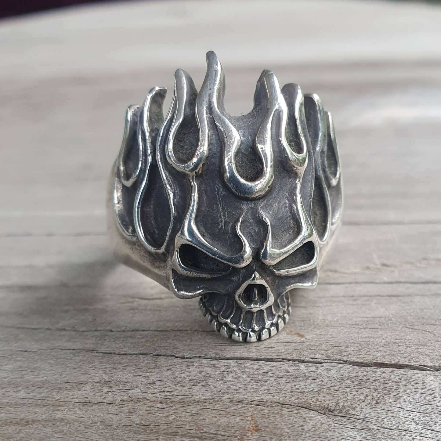 Skull ring,sterling silver,flames,ed roth,steampunk, gothic, punk, sterling silver,hand made,flat skull,