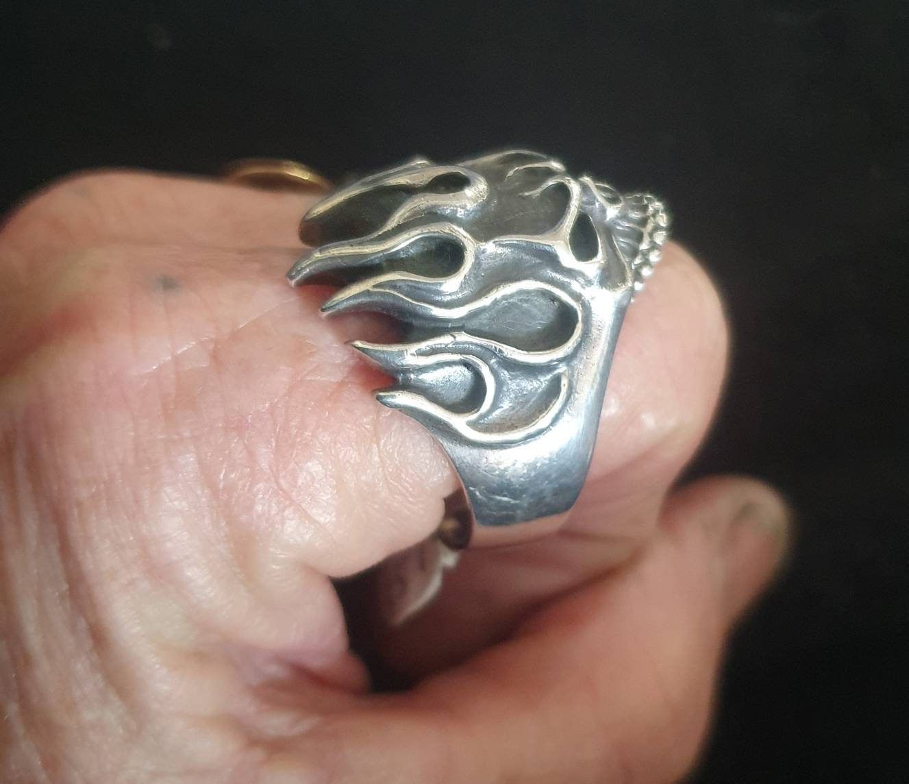 Skull ring,sterling silver,flames,ed roth,steampunk, gothic, punk, sterling silver,hand made,flat skull,