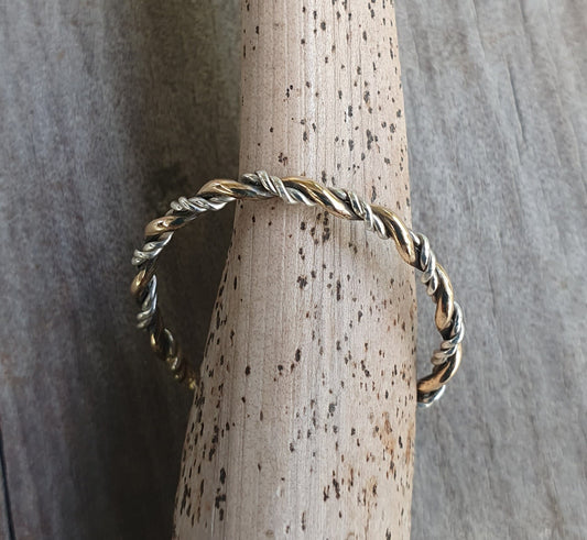 Thin gold ring,two tone,9k gold &sterling silver,handmade twisted wire ring,woven mixed metals,Stackerable ring,thin solid gold band,