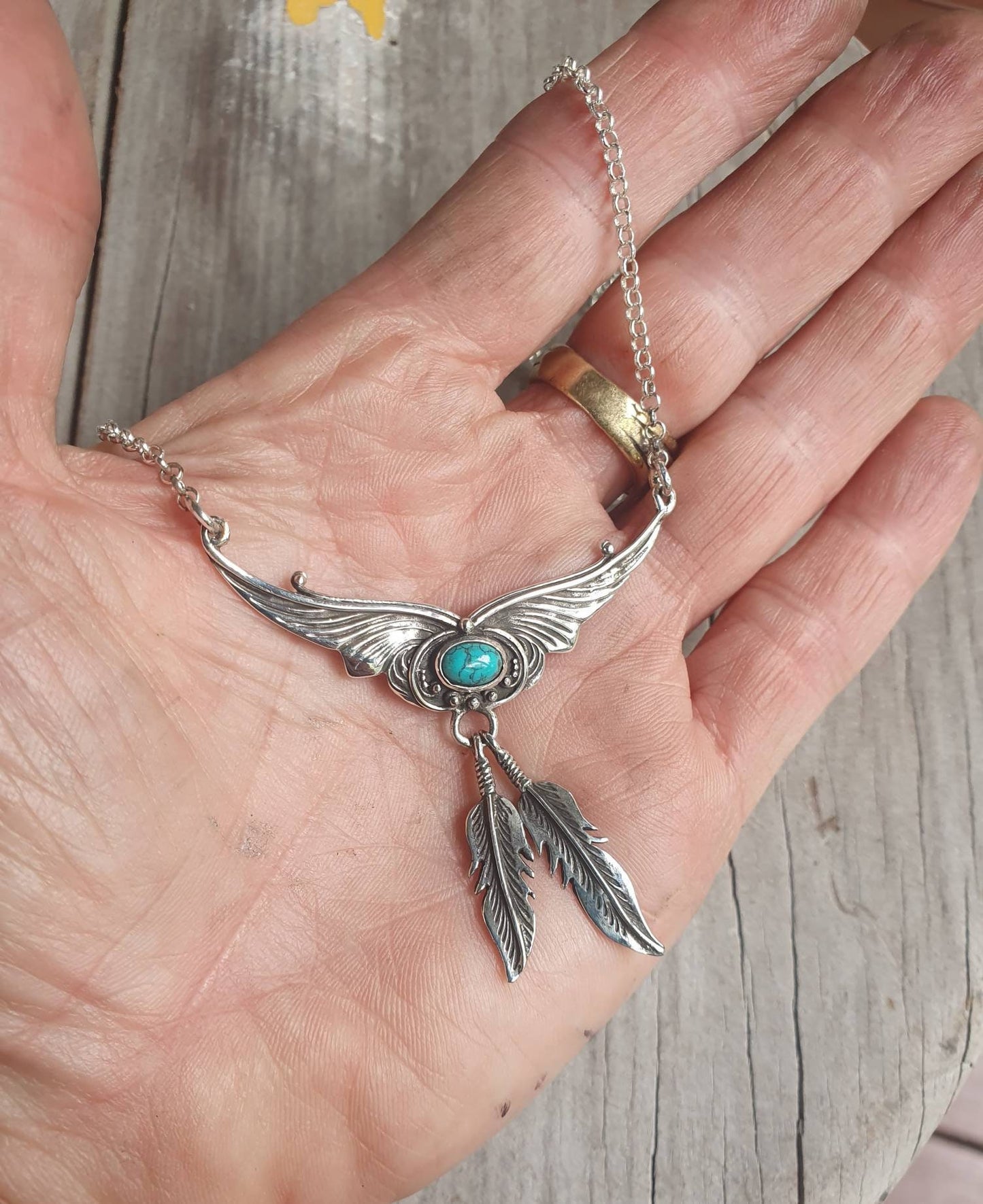 Turquoise necklace,sterling silver,feather,boho,gypsy,shabby shic,vintage,ethnic,handmade,women's fashion,goddess,choker,stone pendant