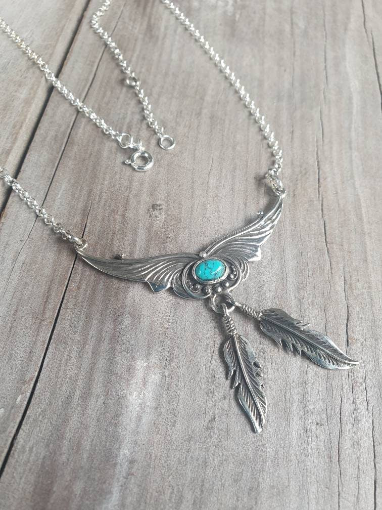 Turquoise necklace,sterling silver,feather,boho,gypsy,shabby shic,vintage,ethnic,handmade,women's fashion,goddess,choker,stone pendant