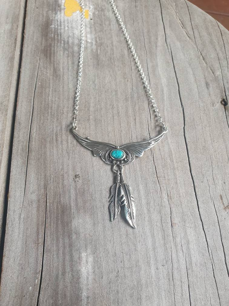 Turquoise necklace,sterling silver,feather,boho,gypsy,shabby shic,vintage,ethnic,handmade,women's fashion,goddess,choker,stone pendant