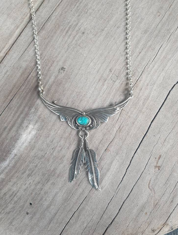 Turquoise necklace,sterling silver,feather,boho,gypsy,shabby shic,vintage,ethnic,handmade,women's fashion,goddess,choker,stone pendant