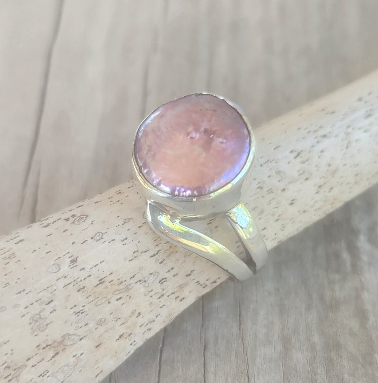 Large ring,coin pearl,sterling silver, freshwater freeform pearl,chunky ring,wedding ring,boho,handmade, retro ring,modern,